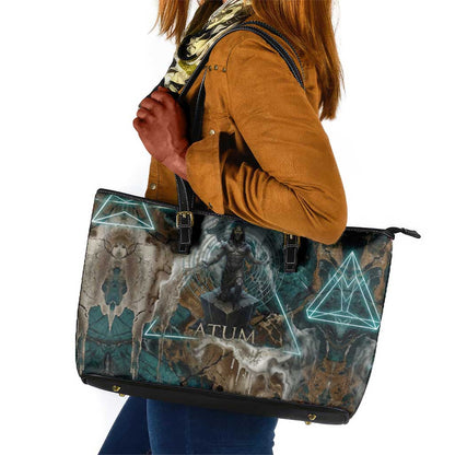 Atum Leather Tote Bag Ancient Egyptian Teal Marble Smoke, Solar Barque Crown, Creator Deity Statue - African Pride