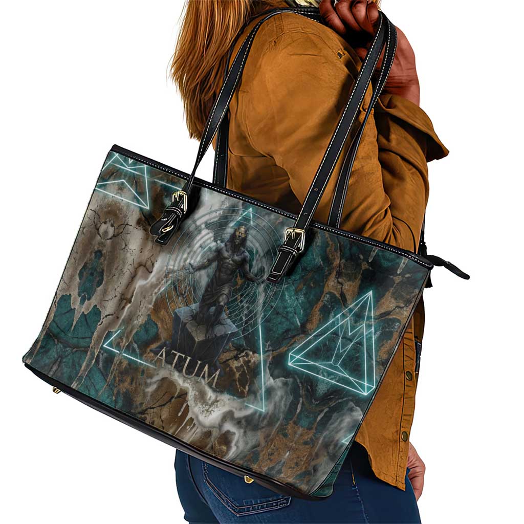 Atum Leather Tote Bag Ancient Egyptian Teal Marble Smoke, Solar Barque Crown, Creator Deity Statue - African Pride