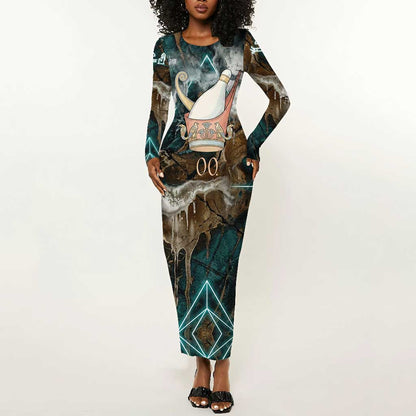 Atum Long Sleeve Bodycon Dress Ancient Egyptian Teal Marble Smoke, Solar Barque Crown, Creator Deity Statue - African Pride