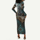 Atum Long Sleeve Bodycon Dress Ancient Egyptian Teal Marble Smoke, Solar Barque Crown, Creator Deity Statue - African Pride