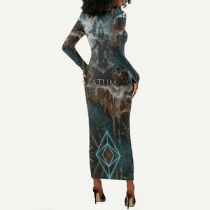 Atum Long Sleeve Bodycon Dress Ancient Egyptian Teal Marble Smoke, Solar Barque Crown, Creator Deity Statue - African Pride