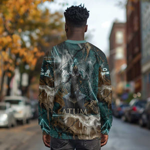 Atum Long Sleeve Shirt Ancient Egyptian Teal Marble Smoke, Solar Barque Crown, Creator Deity Statue - African Pride