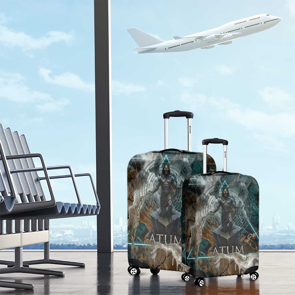 Atum Luggage Cover Ancient Egyptian Teal Marble Smoke, Solar Barque Crown, Creator Deity Statue - African Pride