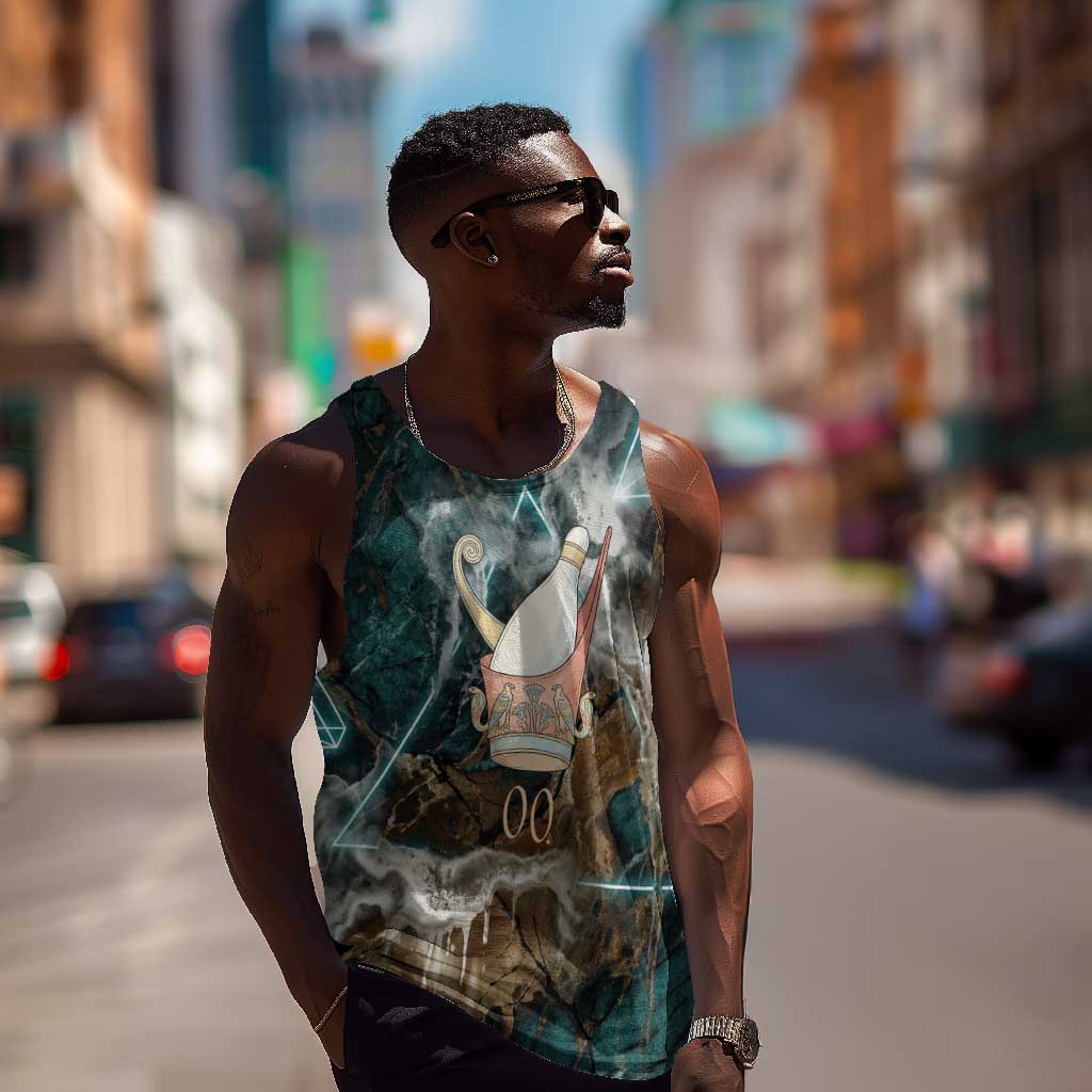 Atum Men Tank Top Ancient Egyptian Teal Marble Smoke, Solar Barque Crown, Creator Deity Statue - African Pride