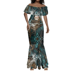 Atum Mermaid Dress Ancient Egyptian Teal Marble Smoke, Solar Barque Crown, Creator Deity Statue - African Pride