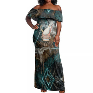 Atum Off Shoulder Maxi Dress Ancient Egyptian Teal Marble Smoke, Solar Barque Crown, Creator Deity Statue - African Pride
