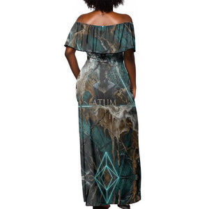 Atum Off Shoulder Maxi Dress Ancient Egyptian Teal Marble Smoke, Solar Barque Crown, Creator Deity Statue - African Pride