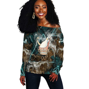 Atum Off Shoulder Sweater Ancient Egyptian Teal Marble Smoke, Solar Barque Crown, Creator Deity Statue - African Pride