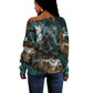 Atum Off Shoulder Sweater Ancient Egyptian Teal Marble Smoke, Solar Barque Crown, Creator Deity Statue - African Pride
