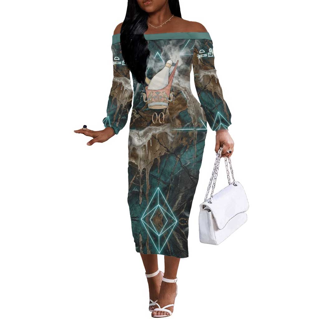 Atum Off The Shoulder Long Sleeve Dress Ancient Egyptian Teal Marble Smoke, Solar Barque Crown, Creator Deity Statue - African Pride