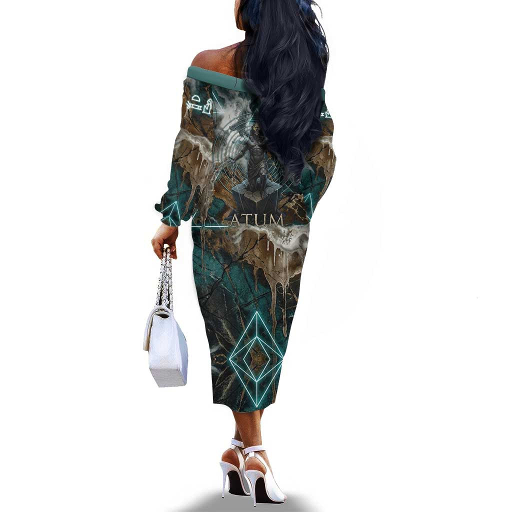 Atum Off The Shoulder Long Sleeve Dress Ancient Egyptian Teal Marble Smoke, Solar Barque Crown, Creator Deity Statue - African Pride