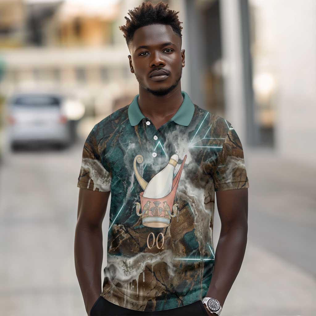 Atum Polo Shirt Ancient Egyptian Teal Marble Smoke, Solar Barque Crown, Creator Deity Statue - African Pride