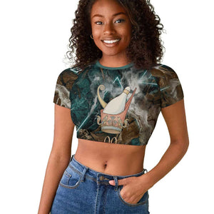 Atum Raglan Cropped T shirt Ancient Egyptian Teal Marble Smoke, Solar Barque Crown, Creator Deity Statue - African Pride