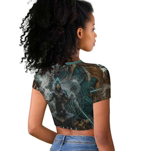 Atum Raglan Cropped T shirt Ancient Egyptian Teal Marble Smoke, Solar Barque Crown, Creator Deity Statue - African Pride