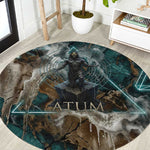 Atum Round Carpet Ancient Egyptian Teal Marble Smoke, Solar Barque Crown, Creator Deity Statue - African Pride