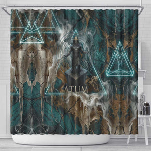 Atum Shower Curtain Ancient Egyptian Teal Marble Smoke, Solar Barque Crown, Creator Deity Statue - African Pride