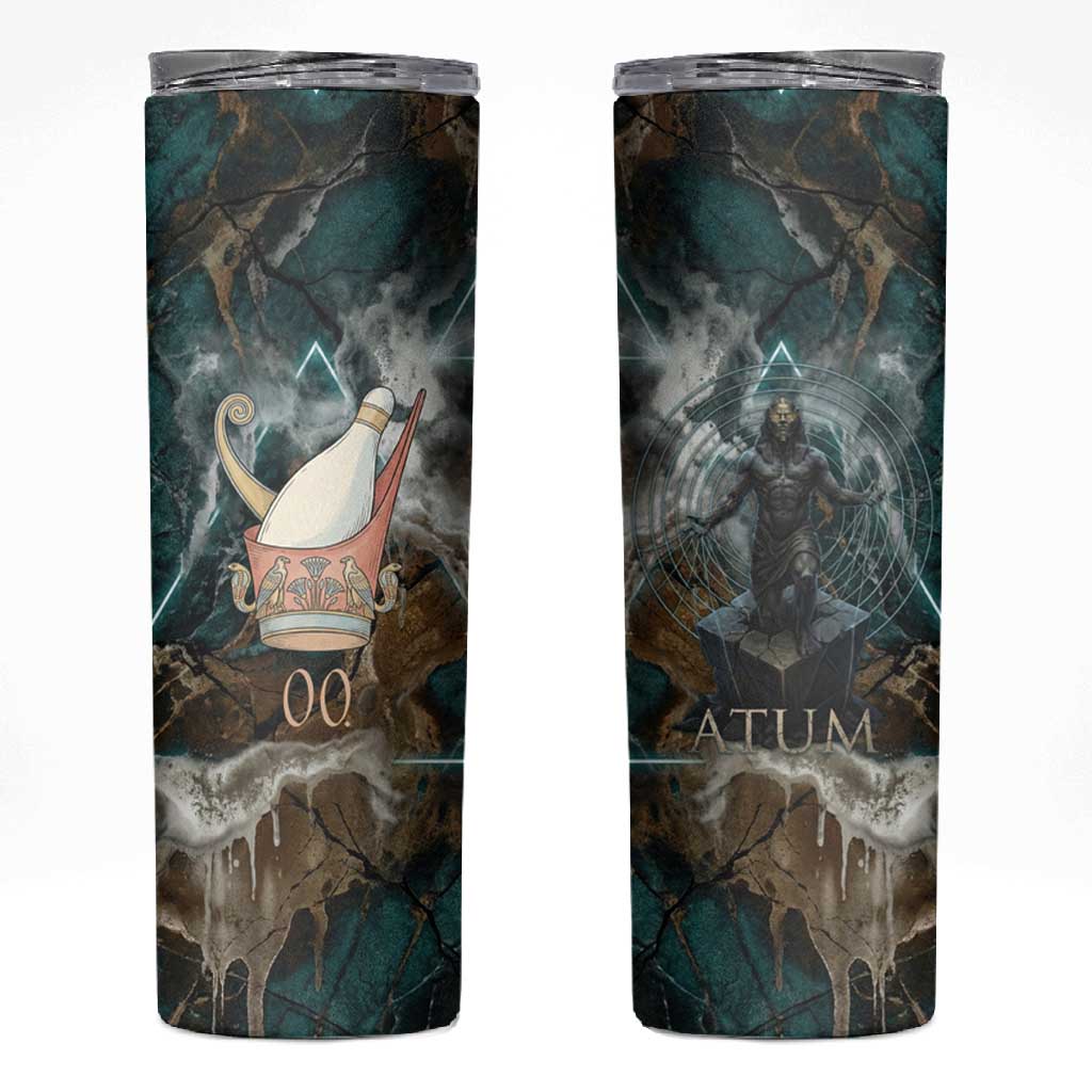 Atum Skinny Tumbler Ancient Egyptian Teal Marble Smoke, Solar Barque Crown, Creator Deity Statue - African Pride