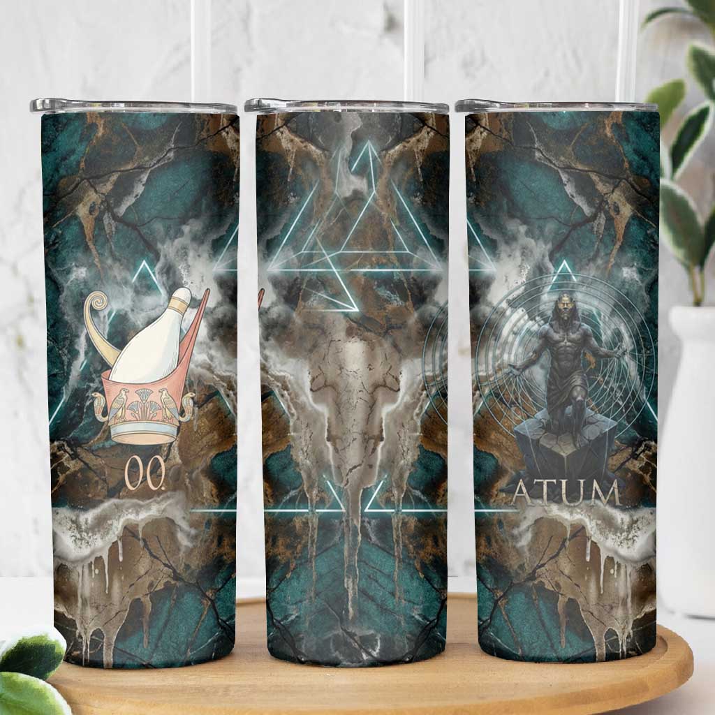 Atum Skinny Tumbler Ancient Egyptian Teal Marble Smoke, Solar Barque Crown, Creator Deity Statue - African Pride