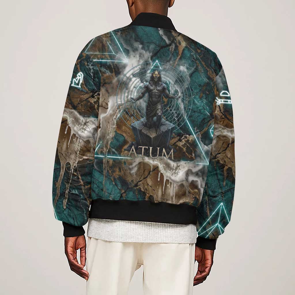 Atum Sleeve Zip Bomber Jacket Ancient Egyptian Teal Marble Smoke, Solar Barque Crown, Creator Deity Statue - African Pride
