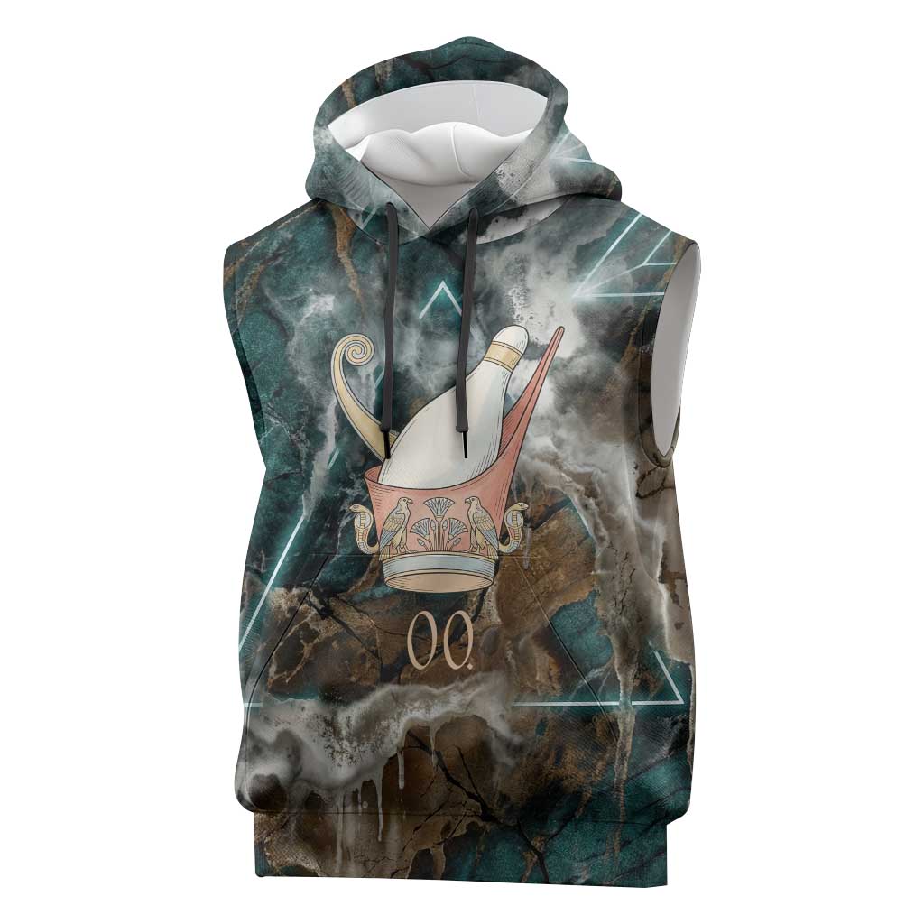 Atum Sleeveless Hoodie Ancient Egyptian Teal Marble Smoke, Solar Barque Crown, Creator Deity Statue - African Pride