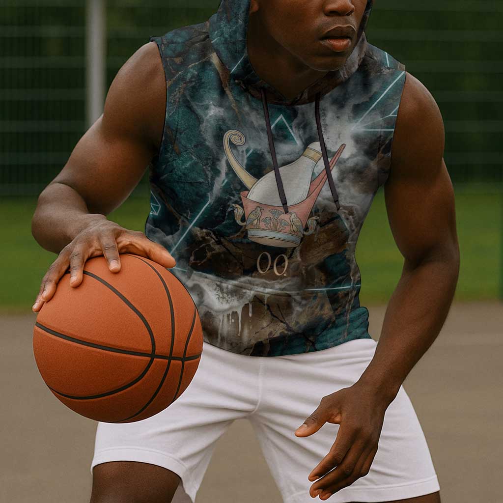 Atum Sleeveless Hoodie Ancient Egyptian Teal Marble Smoke, Solar Barque Crown, Creator Deity Statue - African Pride