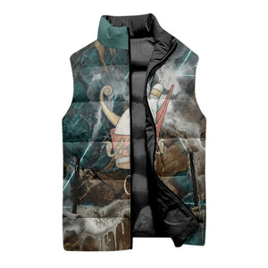 Atum Sleeveless Puffer Jacket Ancient Egyptian Teal Marble Smoke, Solar Barque Crown, Creator Deity Statue - African Pride