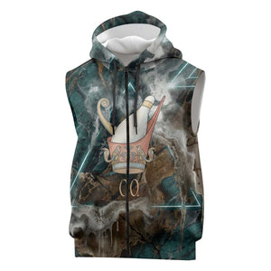 Atum Sleeveless Zip Hoodie Ancient Egyptian Teal Marble Smoke, Solar Barque Crown, Creator Deity Statue - African Pride