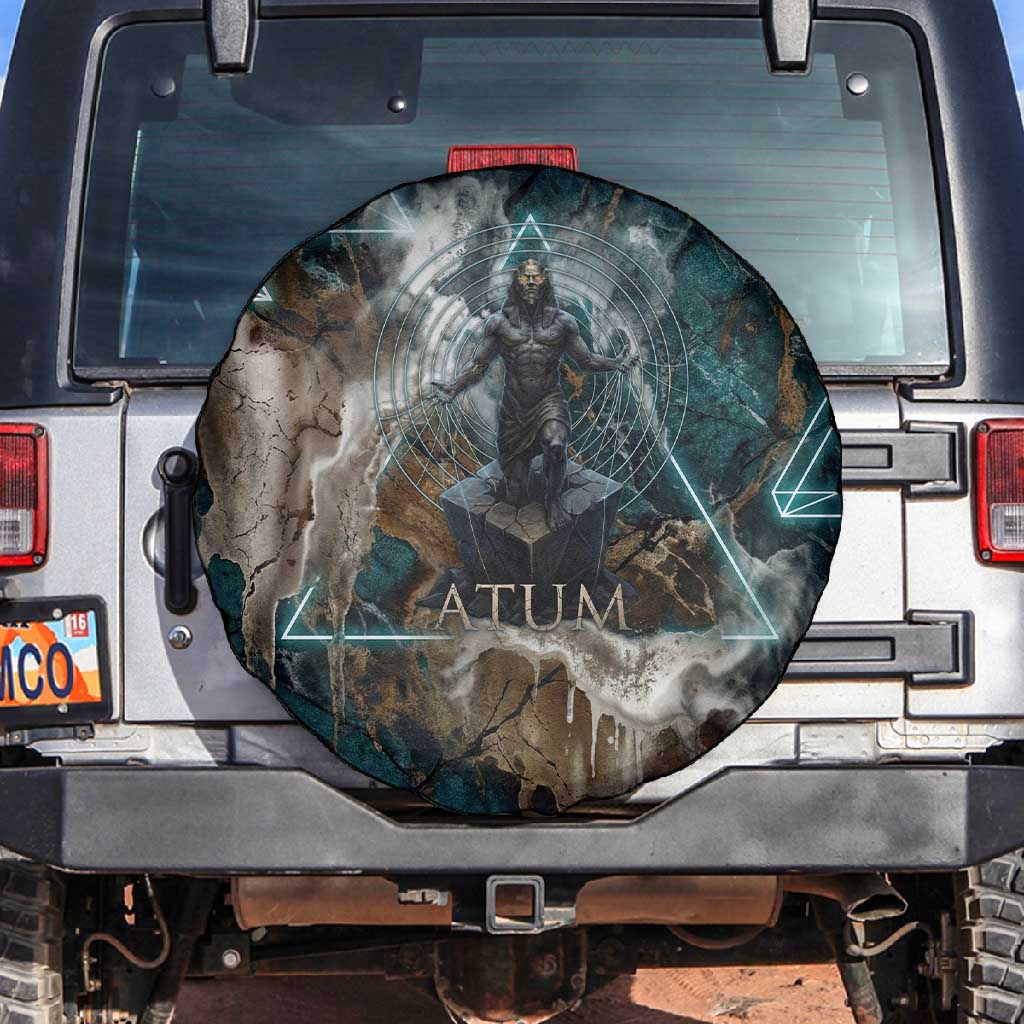 Atum Spare Tire Cover Ancient Egyptian Teal Marble Smoke, Solar Barque Crown, Creator Deity Statue - African Pride