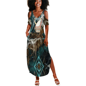 Atum Summer Maxi Dress Ancient Egyptian Teal Marble Smoke, Solar Barque Crown, Creator Deity Statue - African Pride