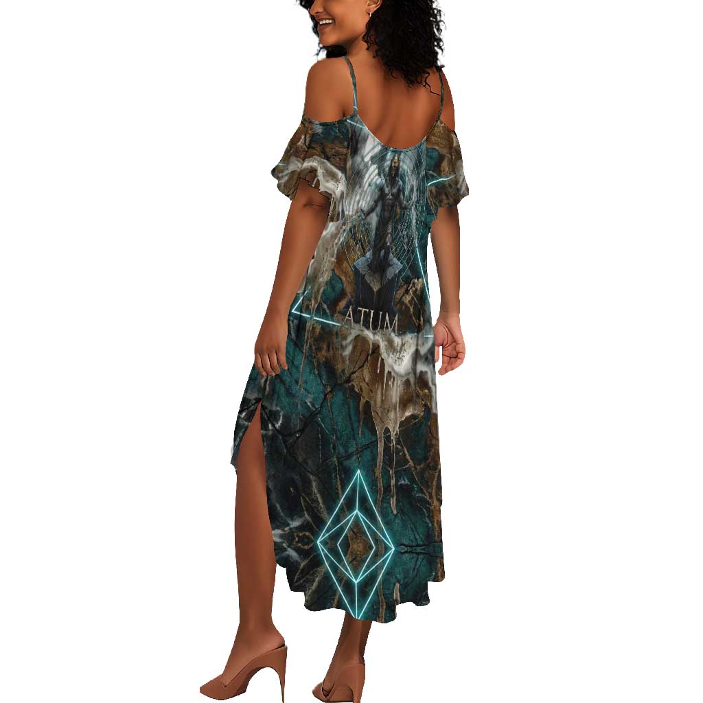 Atum Summer Maxi Dress Ancient Egyptian Teal Marble Smoke, Solar Barque Crown, Creator Deity Statue - African Pride