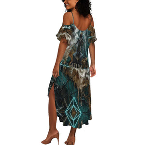 Atum Summer Maxi Dress Ancient Egyptian Teal Marble Smoke, Solar Barque Crown, Creator Deity Statue - African Pride