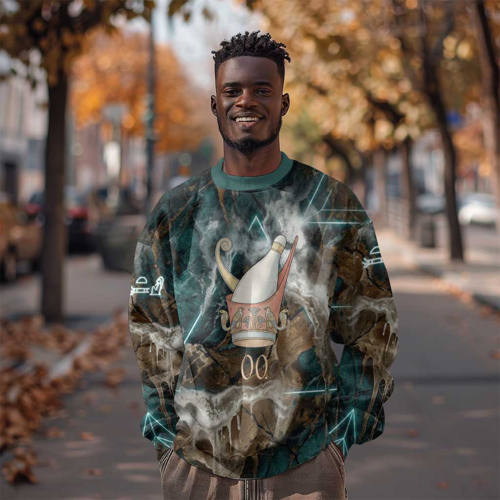 Atum Sweatshirt Ancient Egyptian Teal Marble Smoke, Solar Barque Crown, Creator Deity Statue - African Pride