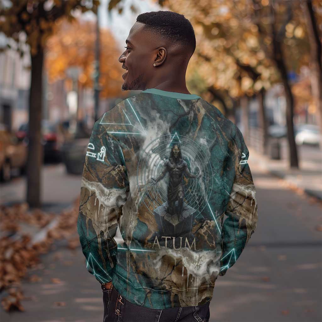 Atum Sweatshirt Ancient Egyptian Teal Marble Smoke, Solar Barque Crown, Creator Deity Statue - African Pride
