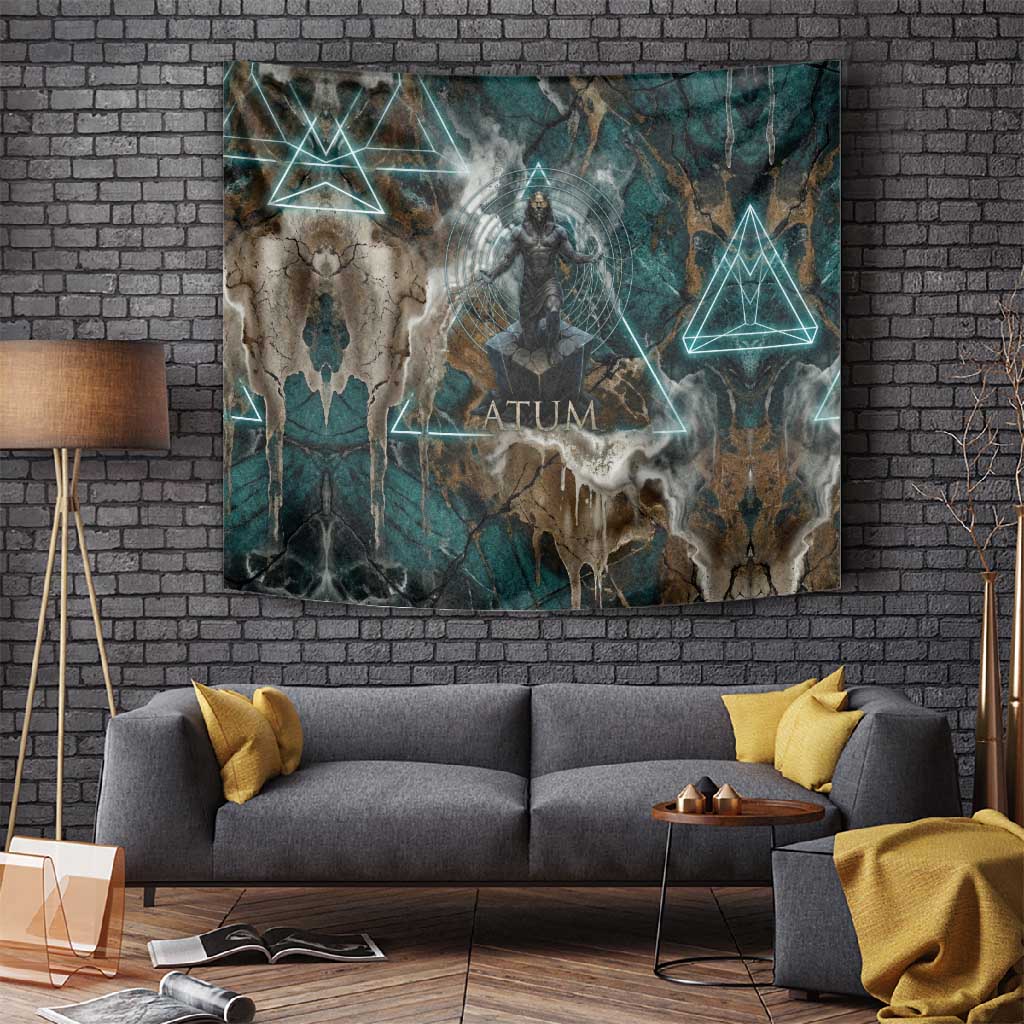 Atum Tapestry Ancient Egyptian Teal Marble Smoke, Solar Barque Crown, Creator Deity Statue - African Pride