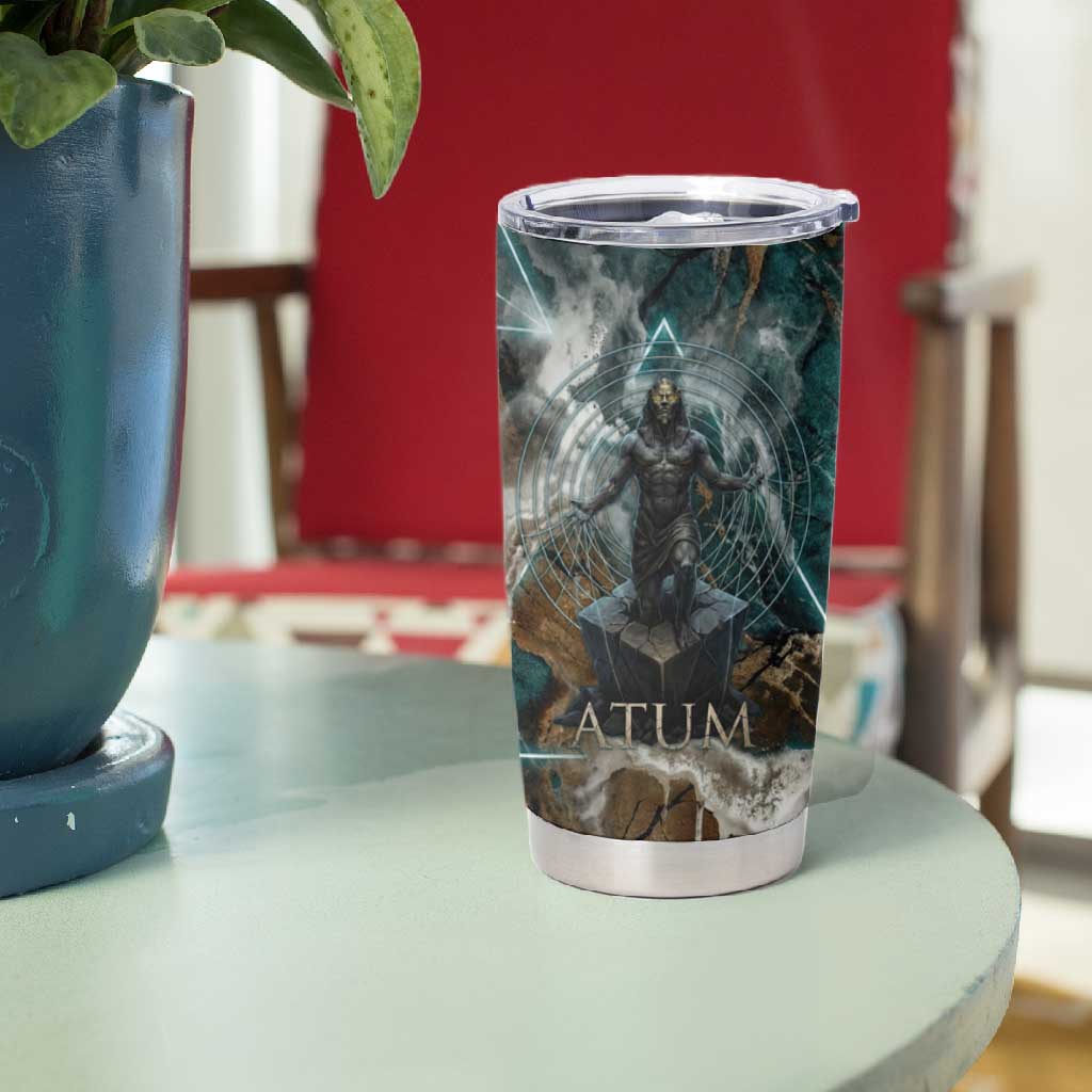 Atum Tumbler Cup Ancient Egyptian Teal Marble Smoke, Solar Barque Crown, Creator Deity Statue - African Pride