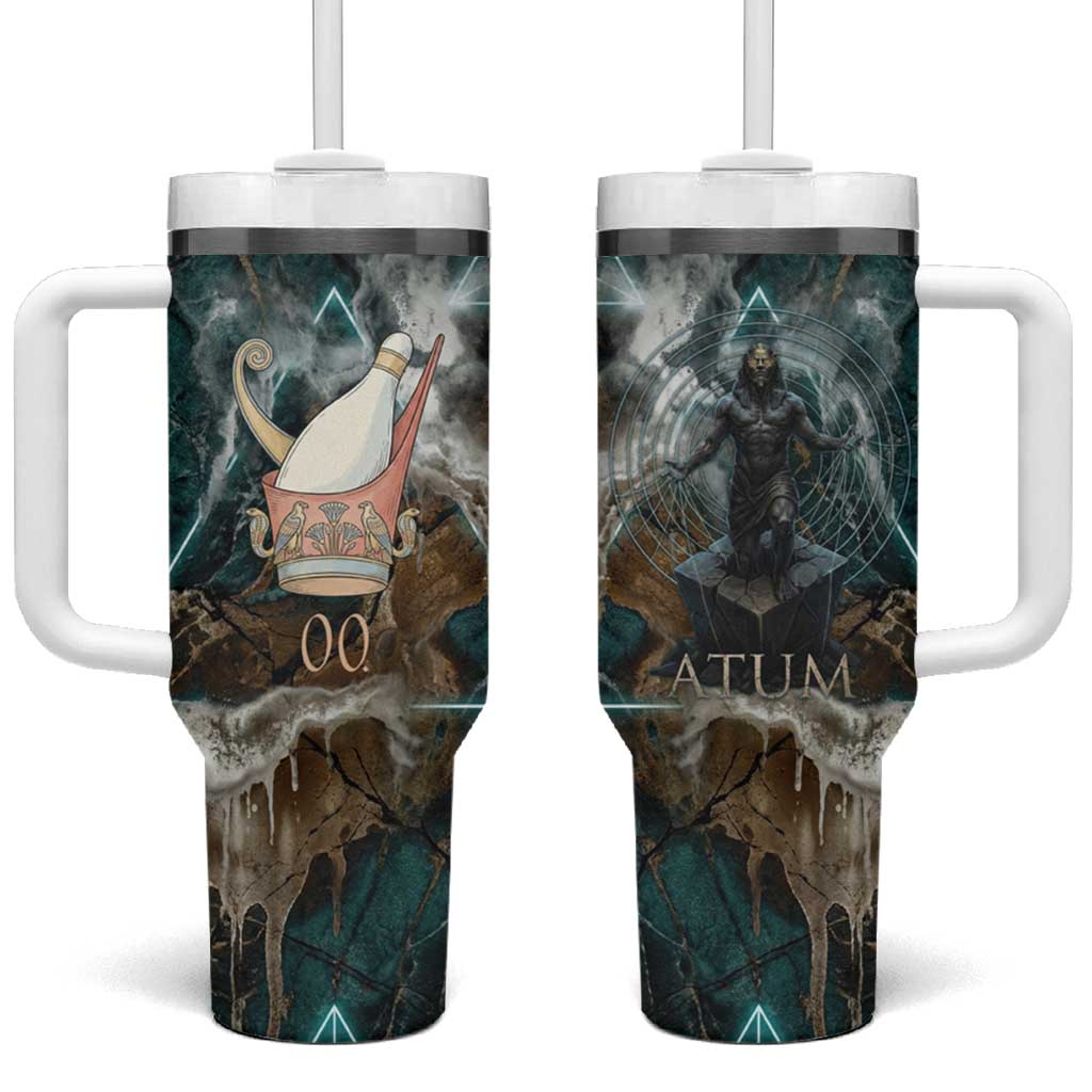 Atum Tumbler With Handle Ancient Egyptian Teal Marble Smoke, Solar Barque Crown, Creator Deity Statue - African Pride