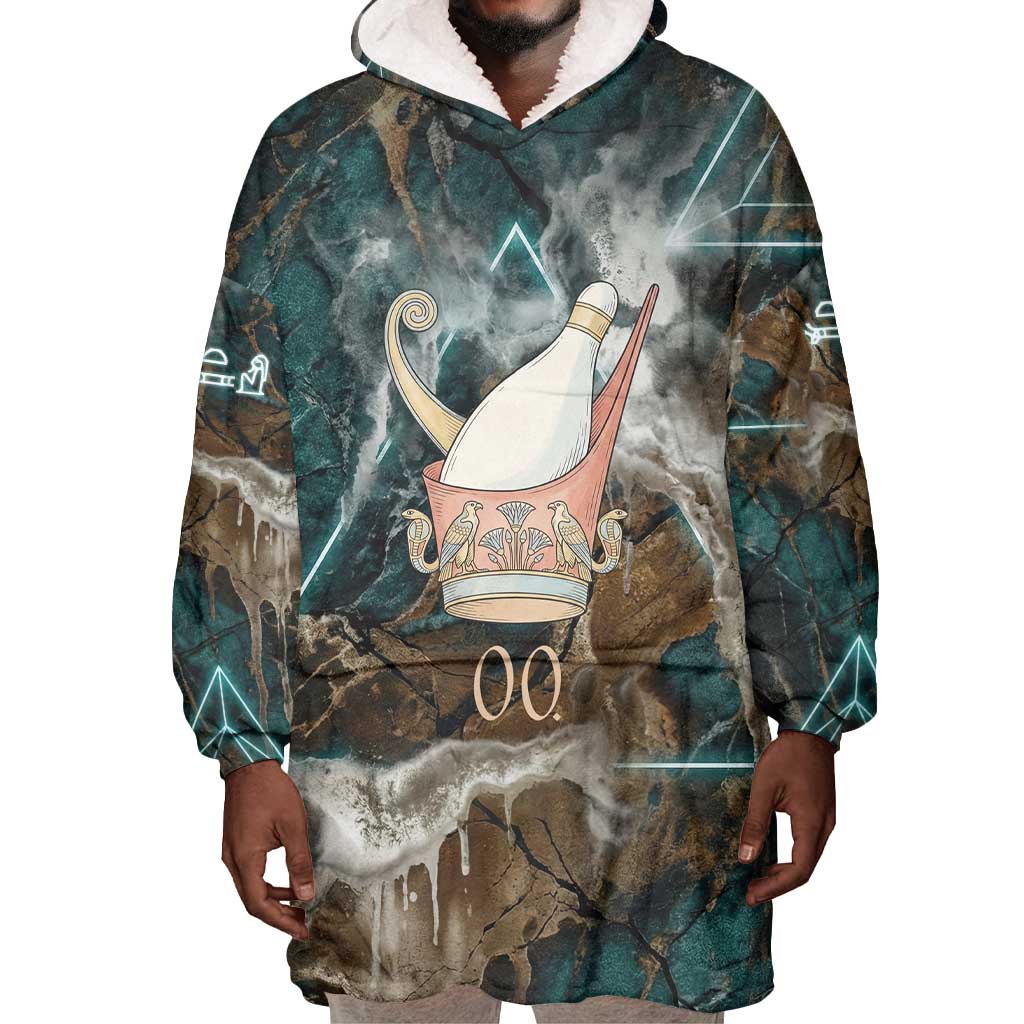Atum Wearable Blanket Hoodie Ancient Egyptian Teal Marble Smoke, Solar Barque Crown, Creator Deity Statue - African Pride