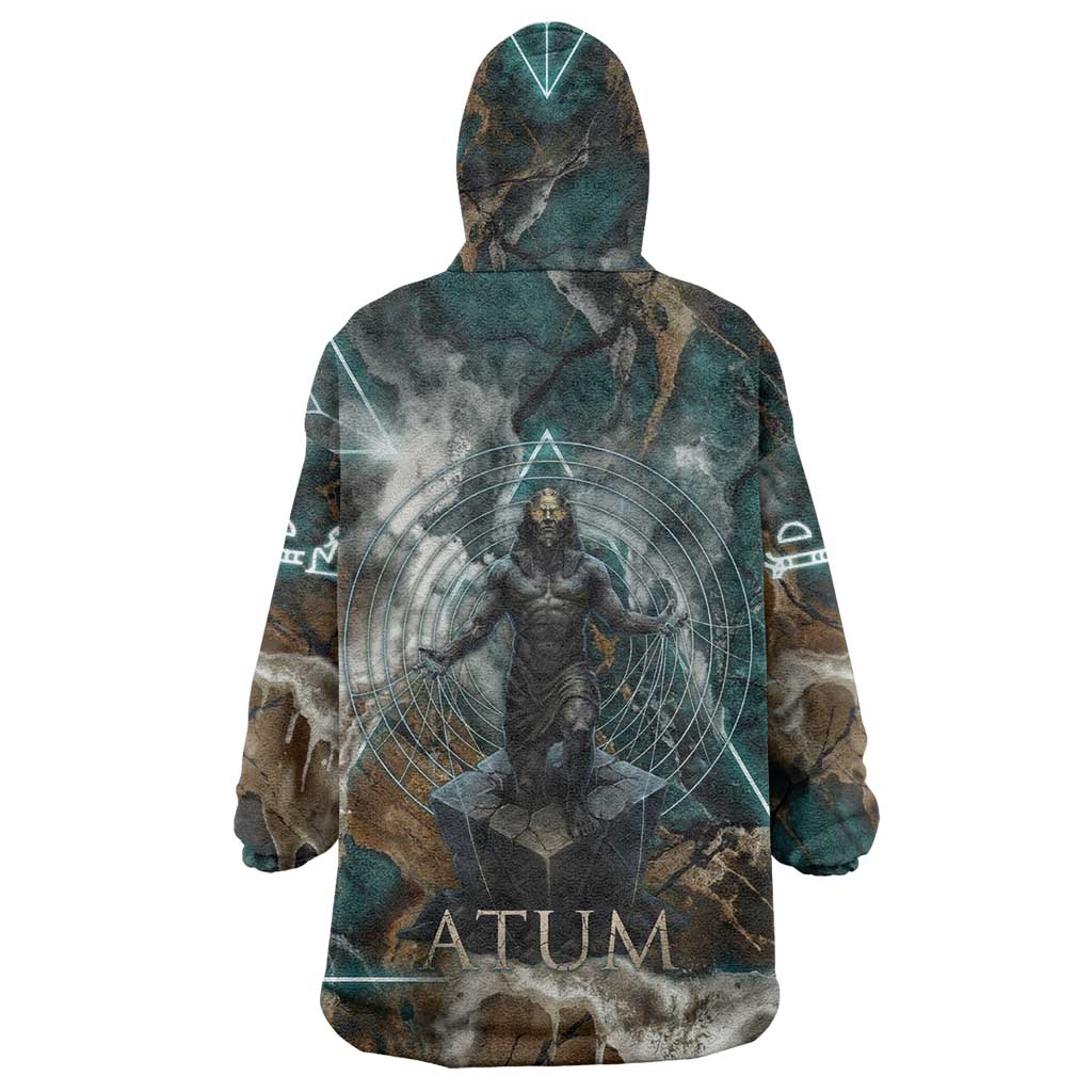 Atum Wearable Blanket Hoodie Ancient Egyptian Teal Marble Smoke, Solar Barque Crown, Creator Deity Statue - African Pride