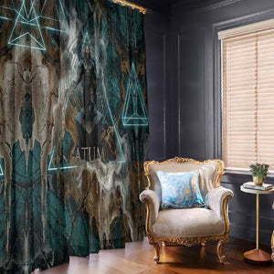 Atum Window Curtain Ancient Egyptian Teal Marble Smoke, Solar Barque Crown, Creator Deity Statue - African Pride