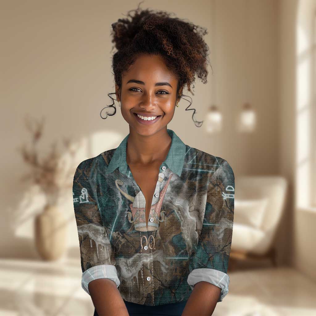 Atum Women Casual Shirt Ancient Egyptian Teal Marble Smoke, Solar Barque Crown, Creator Deity Statue - African Pride