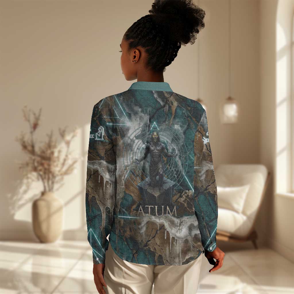 Atum Women Casual Shirt Ancient Egyptian Teal Marble Smoke, Solar Barque Crown, Creator Deity Statue - African Pride