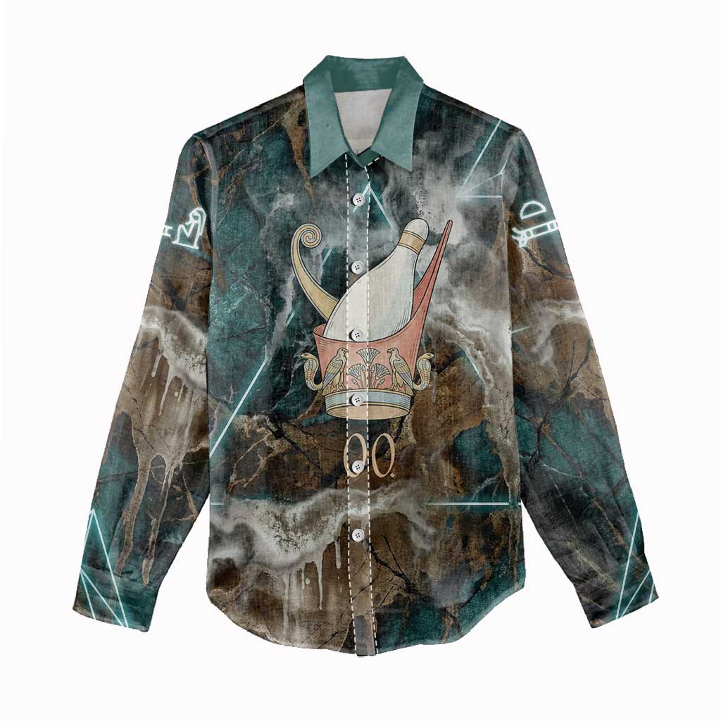 Atum Women Casual Shirt Ancient Egyptian Teal Marble Smoke, Solar Barque Crown, Creator Deity Statue - African Pride