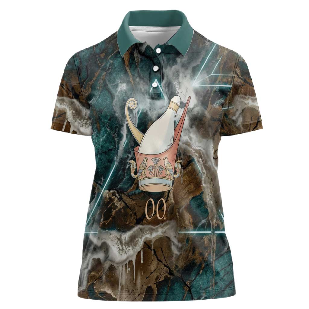 Atum Women Polo Shirt Ancient Egyptian Teal Marble Smoke, Solar Barque Crown, Creator Deity Statue - African Pride