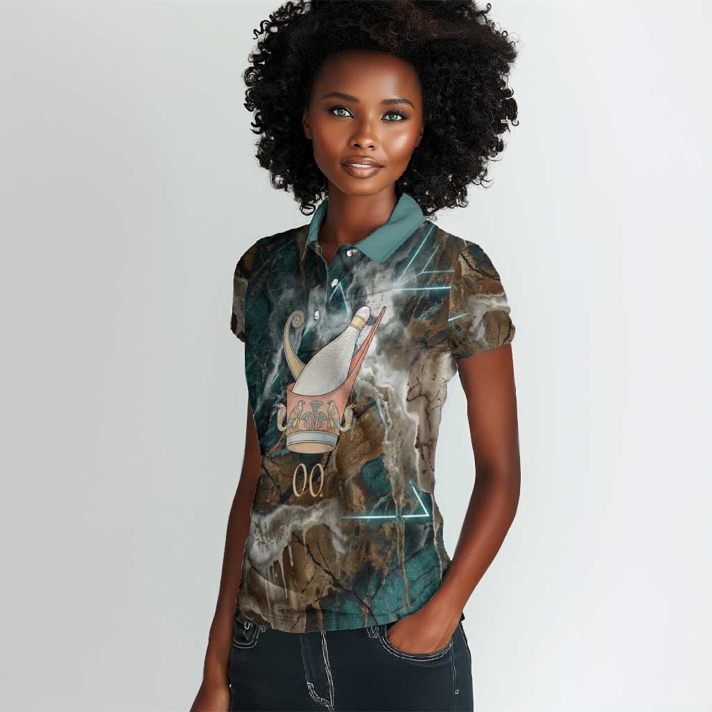 Atum Women Polo Shirt Ancient Egyptian Teal Marble Smoke, Solar Barque Crown, Creator Deity Statue - African Pride