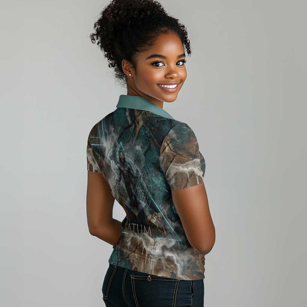 Atum Women Polo Shirt Ancient Egyptian Teal Marble Smoke, Solar Barque Crown, Creator Deity Statue - African Pride