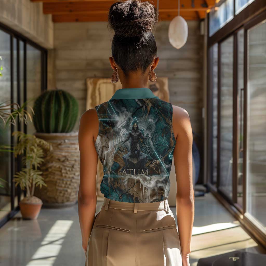Atum Women Sleeveless Polo Shirt Ancient Egyptian Teal Marble Smoke, Solar Barque Crown, Creator Deity Statue - African Pride