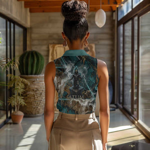 Atum Women Sleeveless Polo Shirt Ancient Egyptian Teal Marble Smoke, Solar Barque Crown, Creator Deity Statue - African Pride