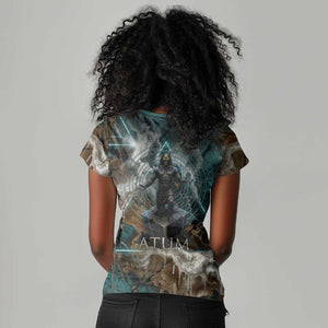 Atum Women V-Neck T-Shirt Ancient Egyptian Teal Marble Smoke, Solar Barque Crown, Creator Deity Statue - African Pride