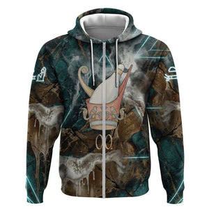 Atum Zip Hoodie Ancient Egyptian Teal Marble Smoke, Solar Barque Crown, Creator Deity Statue - African Pride