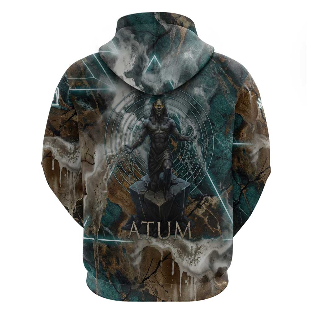 Atum Zip Hoodie Ancient Egyptian Teal Marble Smoke, Solar Barque Crown, Creator Deity Statue - African Pride